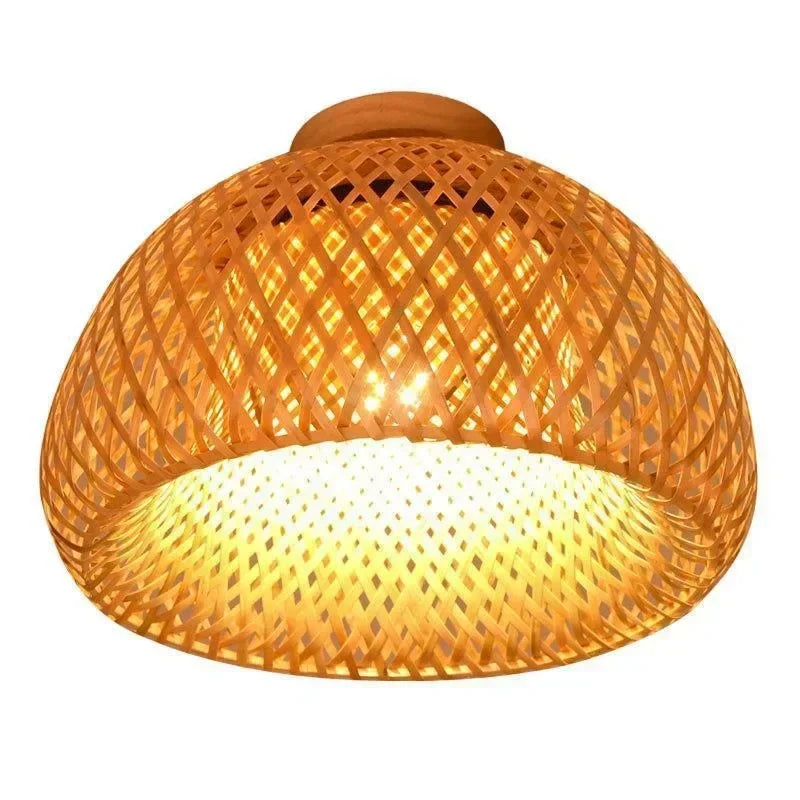 Serene handmade boho bamboo and wicker ceiling light.