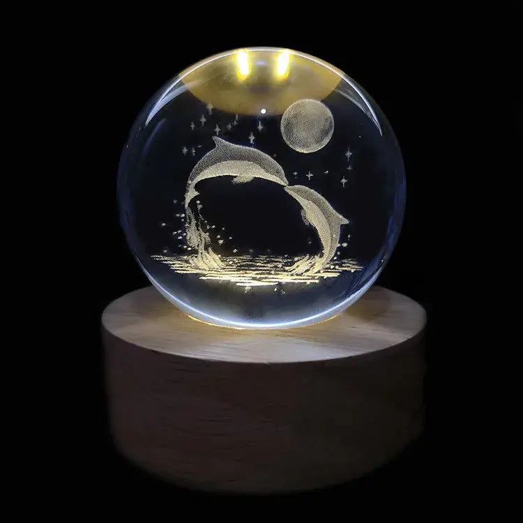 Cosmos 3D galaxy crystal sphere night light on wood base.
