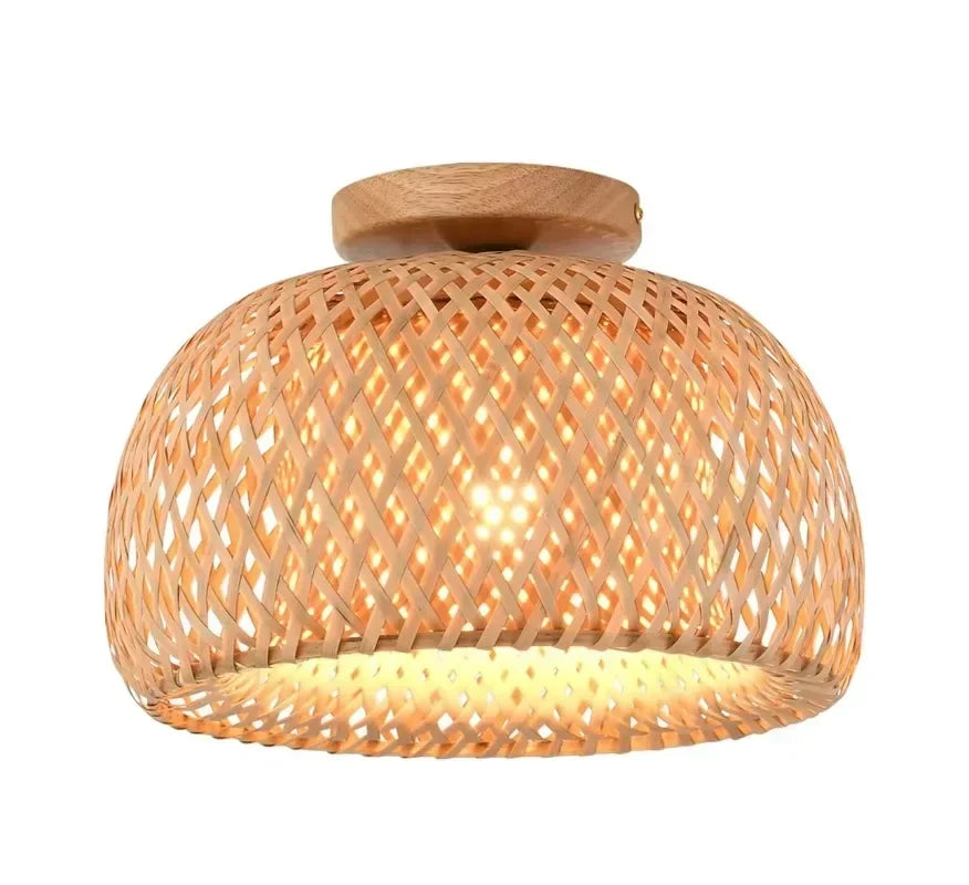 Serene handmade boho bamboo and wicker ceiling light.