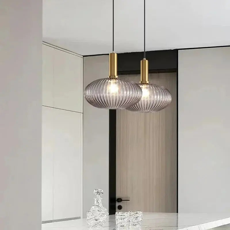 AuraSphere Nordic D30cm glass pendant in a bedroom.