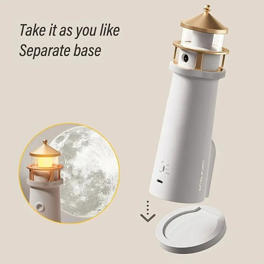 LunaBeacon lighthouse night light projecting a floating moon.