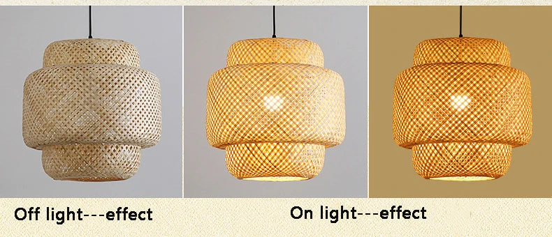 ZenWeave 'Tiered Serenity' Pendant Light dimensions: Height 30cm, Diameter 30cm, detailing its unique layered hand-knitted bamboo structure. VelunaLumin.