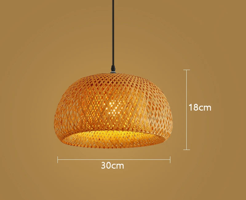 ZenWeave 'Harmony Dome' Pendant Light dimensions: Height 18cm, Diameter 30cm, showcasing its wide, organic hand-knitted bamboo shade. VelunaLumin.