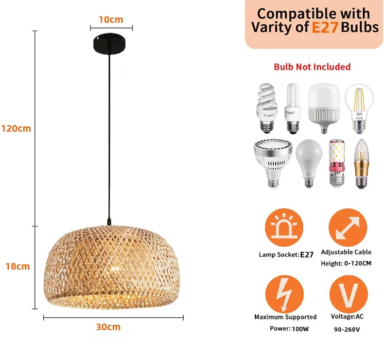ZenWeave 'Harmony Dome' Pendant Light dimensions: Height 18cm, Diameter 30cm, showcasing its wide, organic hand-knitted bamboo shade. VelunaLumin.