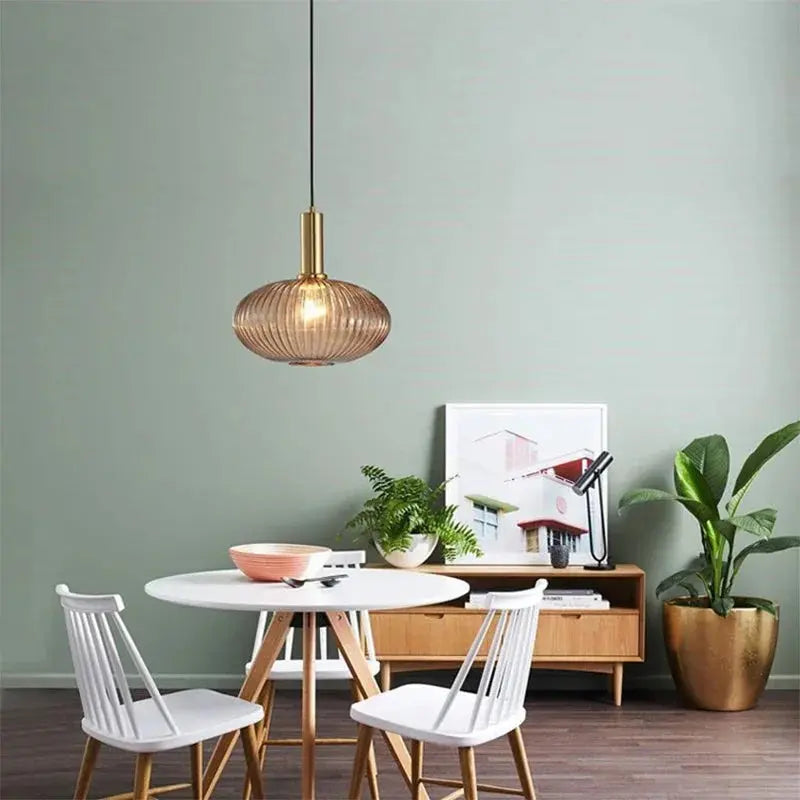 AuraSphere Nordic D30cm glass pendant in a bedroom.