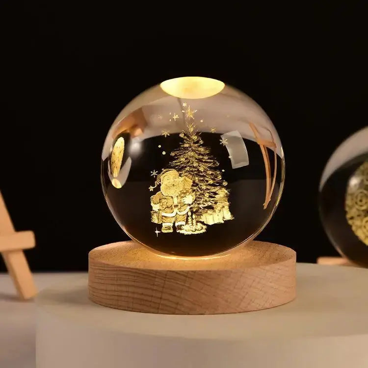 Cosmos 3D galaxy crystal sphere night light on wood base.