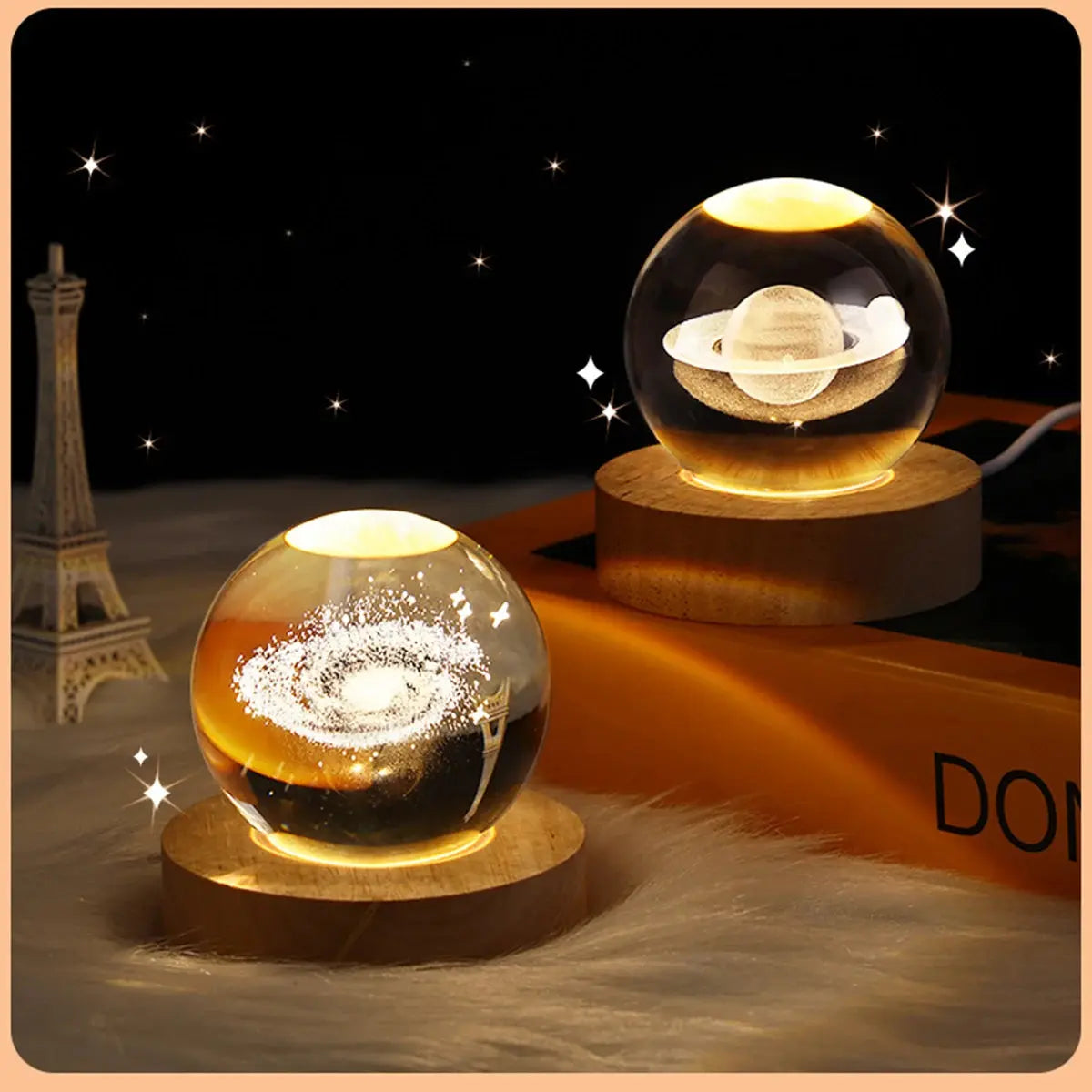 Cosmos 3D galaxy crystal sphere night light on wood base.