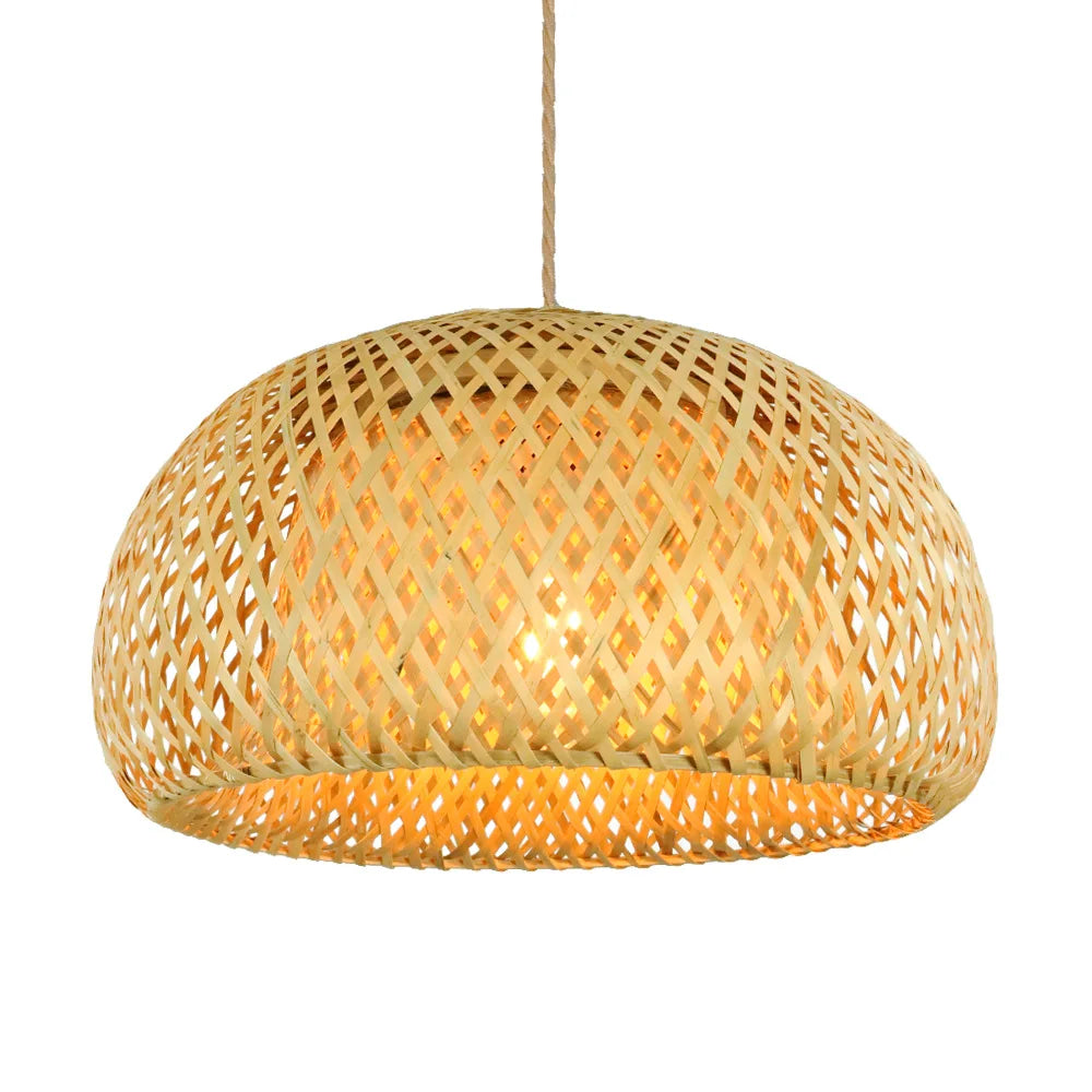 ZenWeave 'Harmony Dome' Pendant Light, a hand-knitted natural bamboo lamp with a smooth, hemispherical shape, E27 compatible. VelunaLumin.