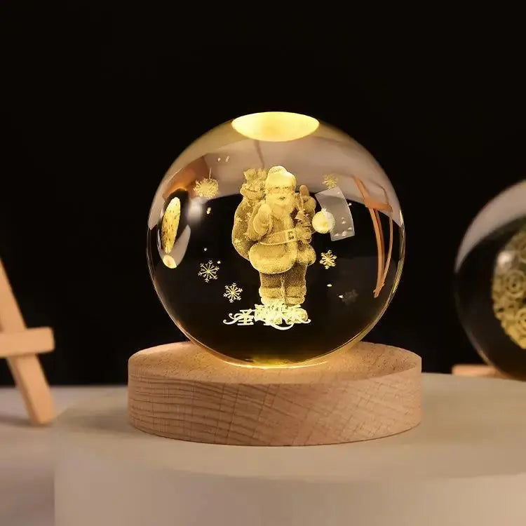 Cosmos 3D galaxy crystal sphere night light on wood base.