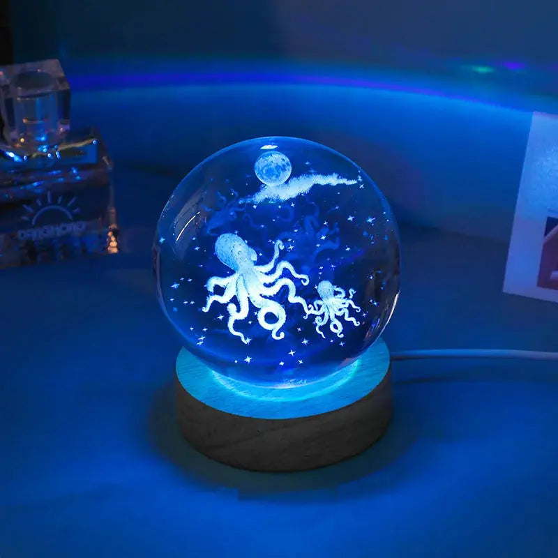 Cosmos 3D galaxy crystal sphere night light on wood base.