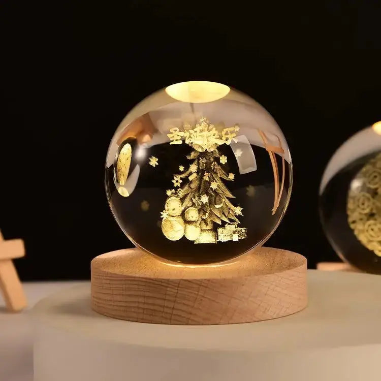 Cosmos 3D galaxy crystal sphere night light on wood base.