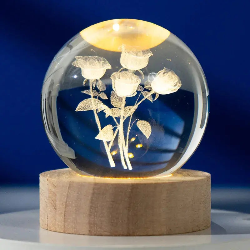 Cosmos 3D galaxy crystal sphere night light on wood base.