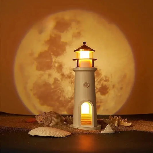 LunaBeacon lighthouse night light projecting a floating moon.