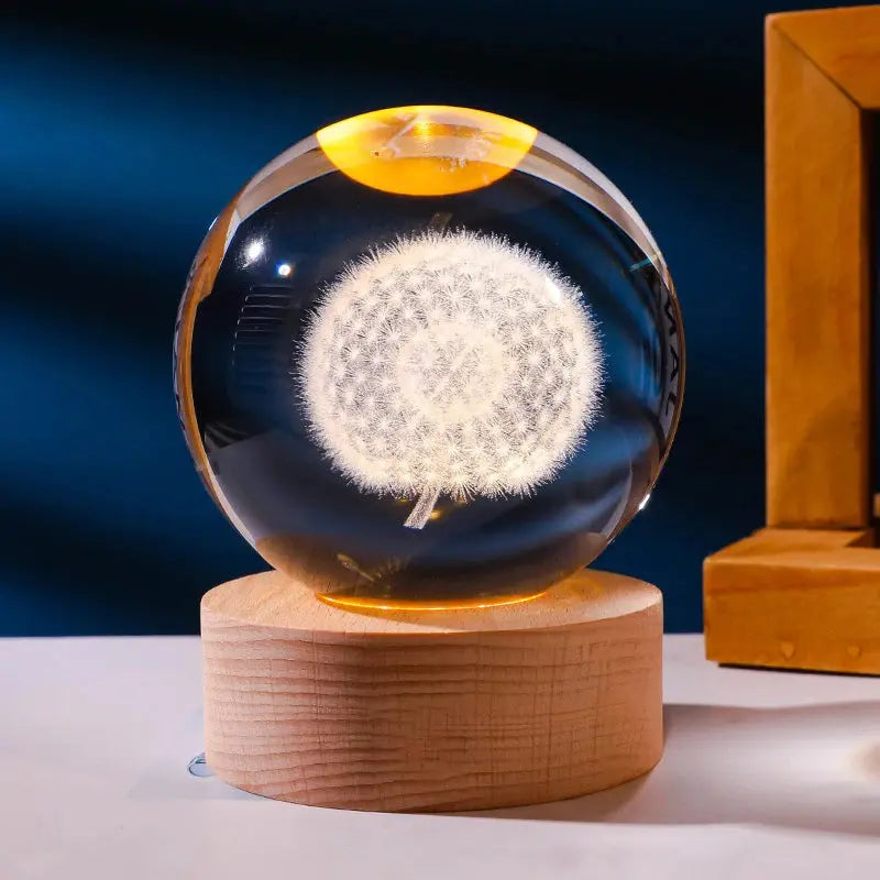 Cosmos 3D galaxy crystal sphere night light on wood base.