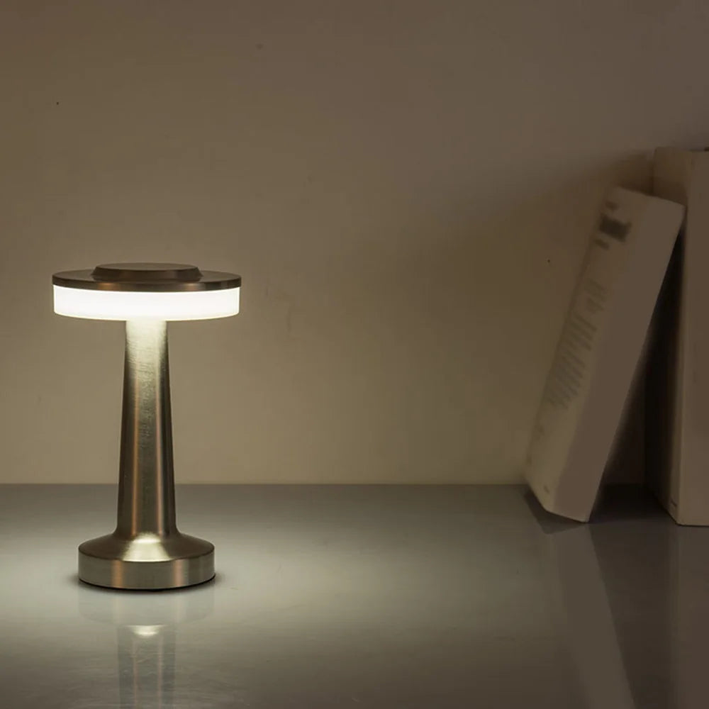AuraGlow Cordless Touch Lamp in Silver finish, dimmable with 3 colour modes. VelunaLumin.