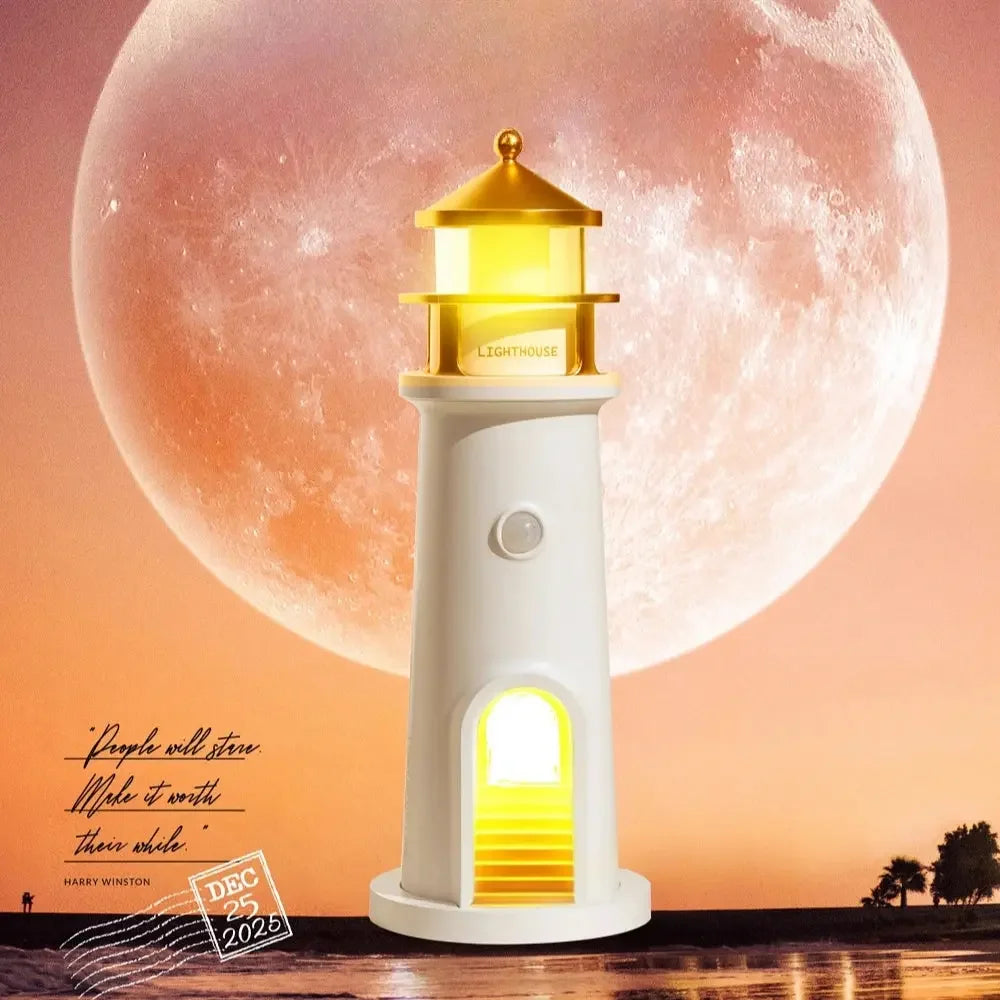 LunaBeacon lighthouse night light projecting a floating moon.