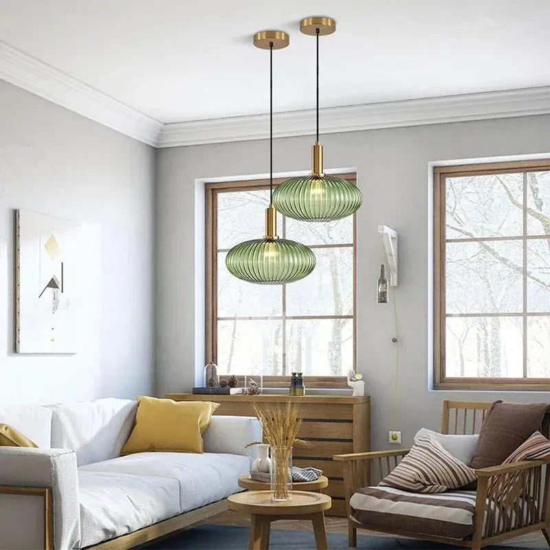 AuraSphere Nordic D30cm glass pendant in a bedroom.
