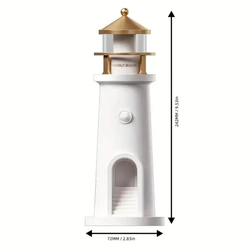 LunaBeacon lighthouse night light projecting a floating moon.
