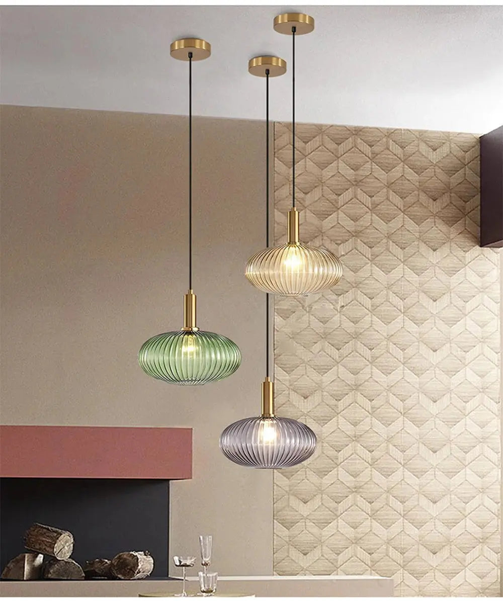 AuraSphere Nordic D30cm glass pendant in a bedroom.