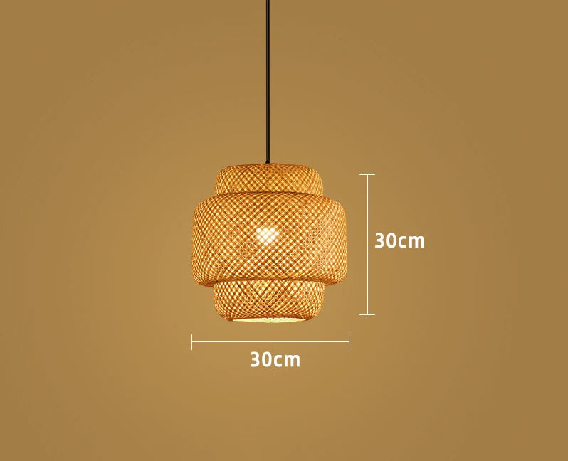 ZenWeave 'Tiered Serenity' Pendant Light dimensions: Height 30cm, Diameter 30cm, detailing its unique layered hand-knitted bamboo structure. VelunaLumin.