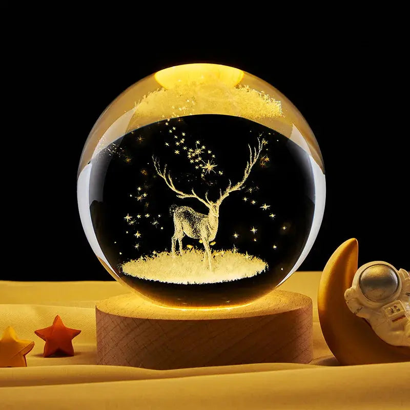 Cosmos 3D galaxy crystal sphere night light on wood base.