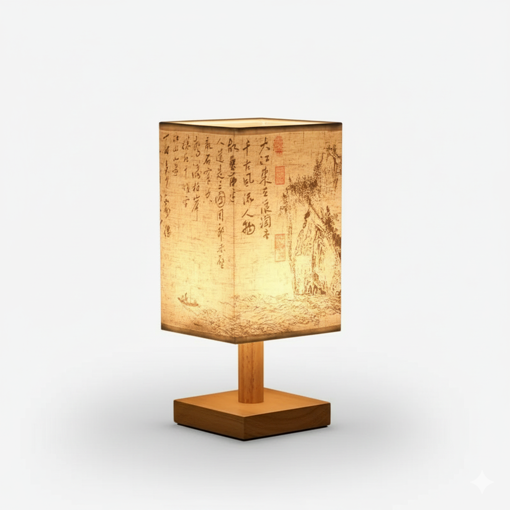 SereneScape Artisan Table Lamp with 'Sakura Bloom' oriental art linen shade, dimmable warm light, and solid wood base. VelunaLumin.