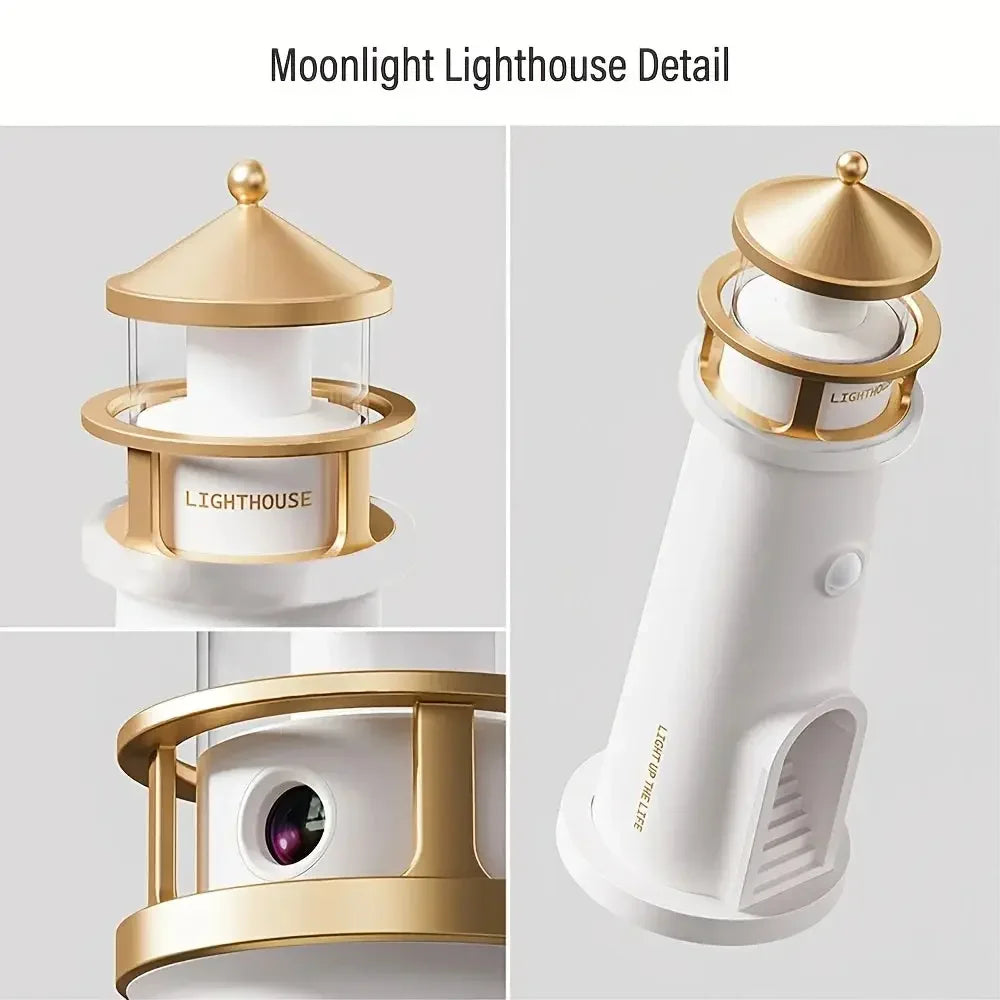 LunaBeacon lighthouse night light projecting a floating moon.