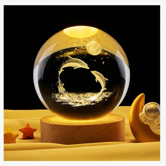 Cosmos 3D galaxy crystal sphere night light on wood base.