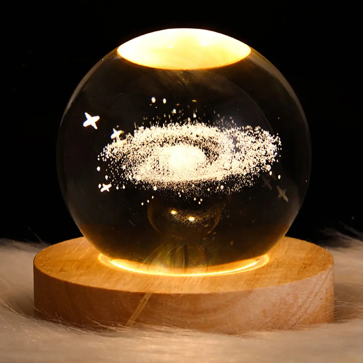 Cosmos 3D galaxy crystal sphere night light on wood base.