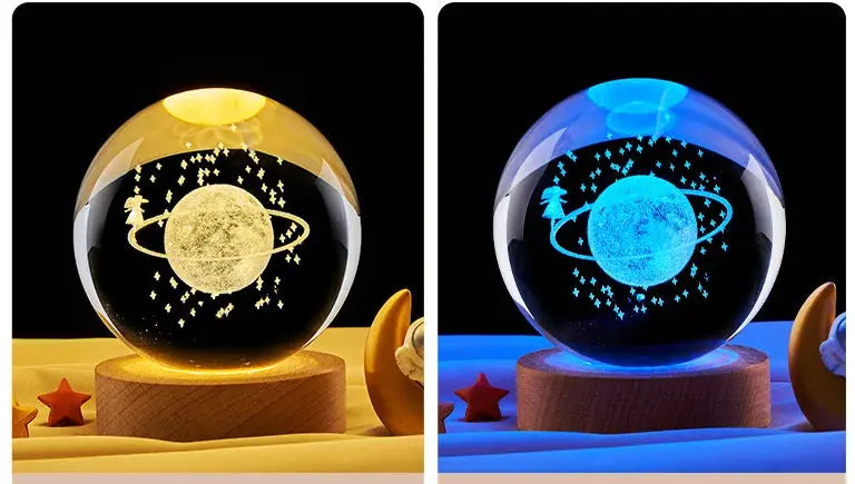 Cosmos 3D galaxy crystal sphere night light on wood base.