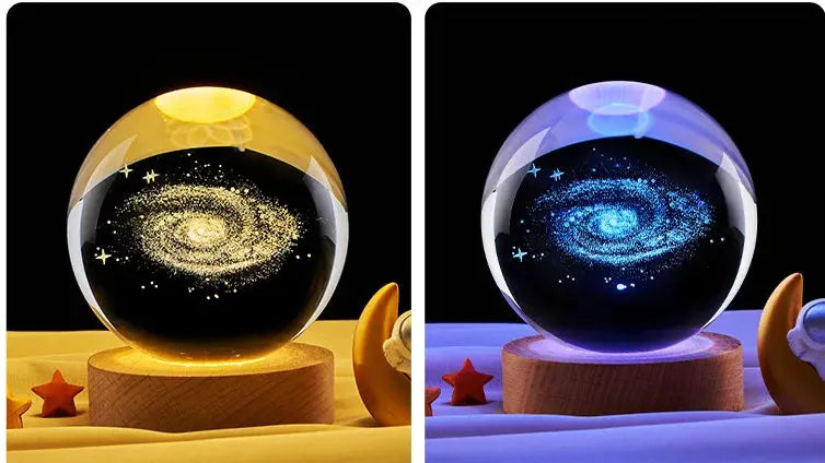 Cosmos 3D galaxy crystal sphere night light on wood base.