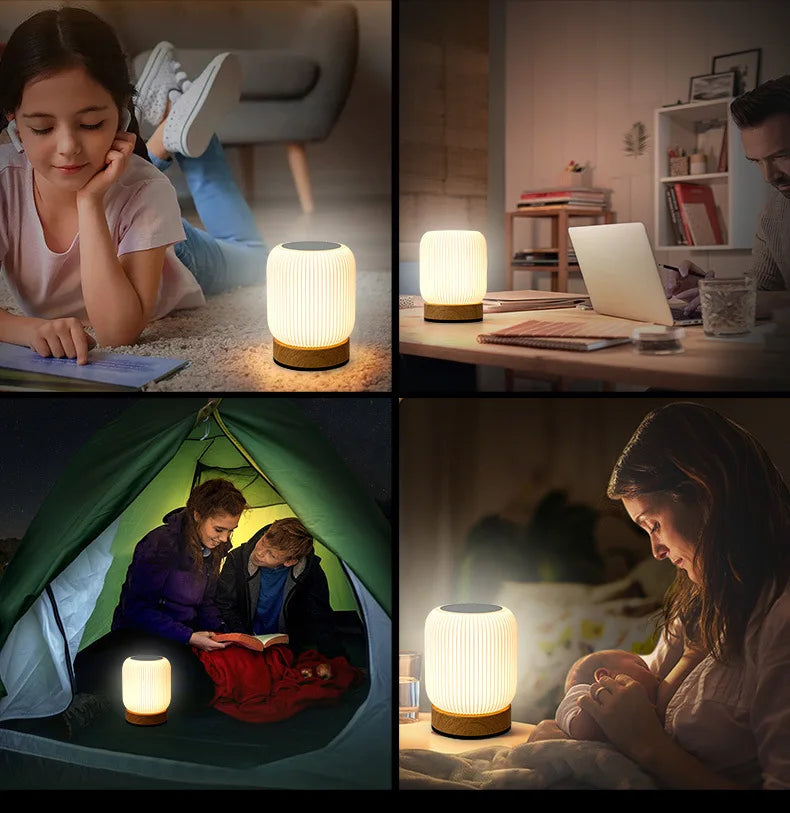 AuraShroom Cordless Lamp illuminating an outdoor patio table at dusk, highlighting its portable and rechargeable design. VelunaLumin.