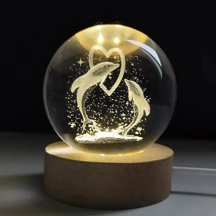 Cosmos 3D galaxy crystal sphere night light on wood base.