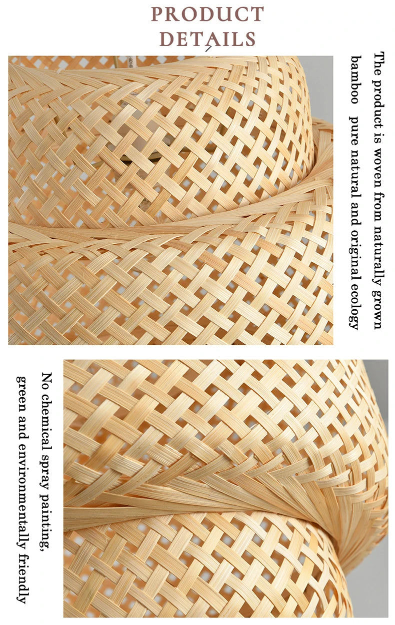 ZenWeave 'Tiered Serenity' Pendant Light dimensions: Height 30cm, Diameter 30cm, detailing its unique layered hand-knitted bamboo structure. VelunaLumin.