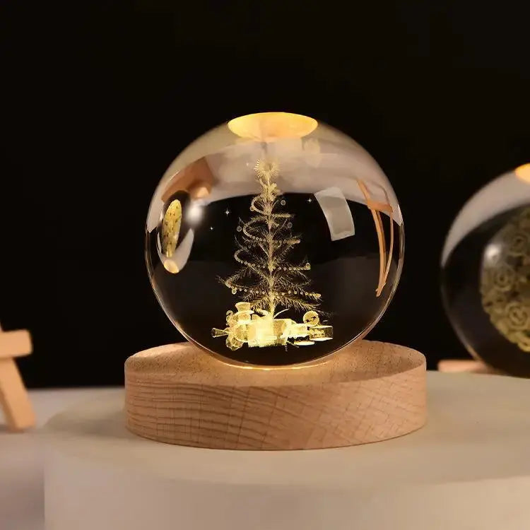 Cosmos 3D galaxy crystal sphere night light on wood base.