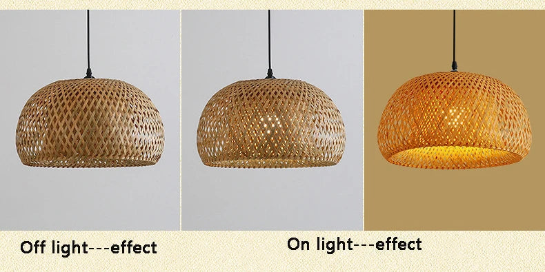 Close-up of the ZenWeave Bamboo Pendant Light, showcasing the intricate, hand-knitted texture of the natural bamboo material and the warm light it diffuses. VelunaLumin.