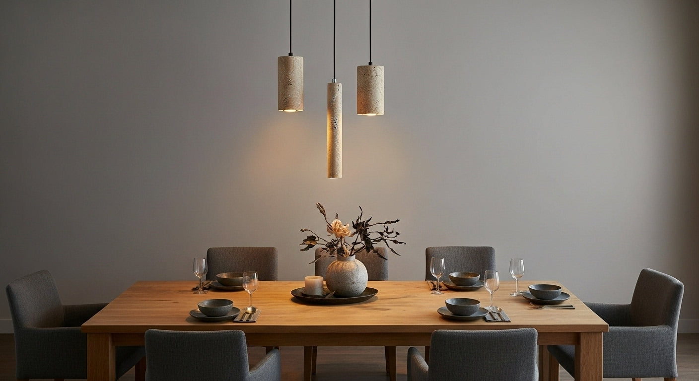 TerraGlow Natural Stone Pendant Lights (mixed heights) elegantly illuminating a modern dining table, casting a warm 3000K glow, creating an intimate and natural ambiance. VelunaLumin.