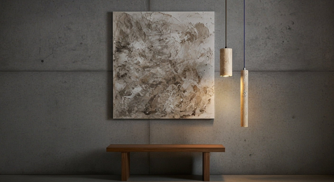 TerraGlow Natural Stone Pendant Light illuminating a textured abstract artwork, highlighting both the lamp's unique stone and the art's details in a minimalist gallery setting. VelunaLumin.