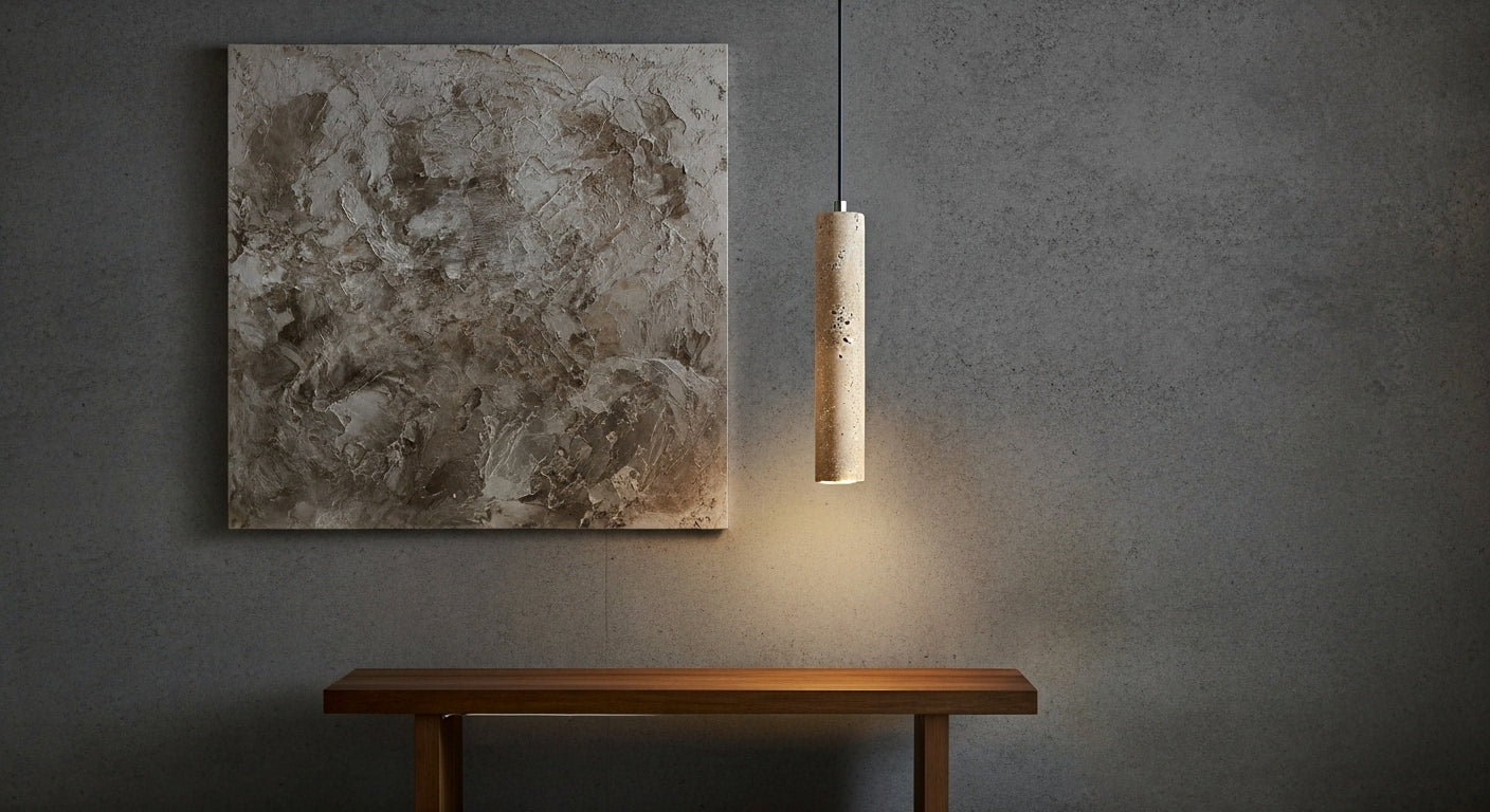 TerraGlow Natural Stone Pendant Light illuminating a textured abstract artwork, highlighting both the lamp's unique stone and the art's details in a minimalist gallery setting. VelunaLumin.