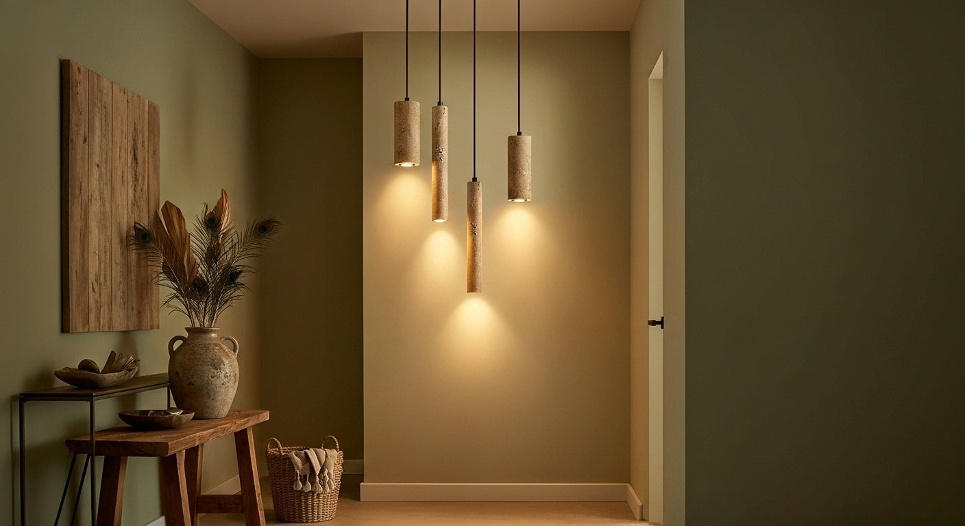 Cluster of TerraGlow Natural Stone Pendant Lights in a modern entryway, creating a warm, inviting welcome with textured light patterns from natural cave stone. VelunaLumin.