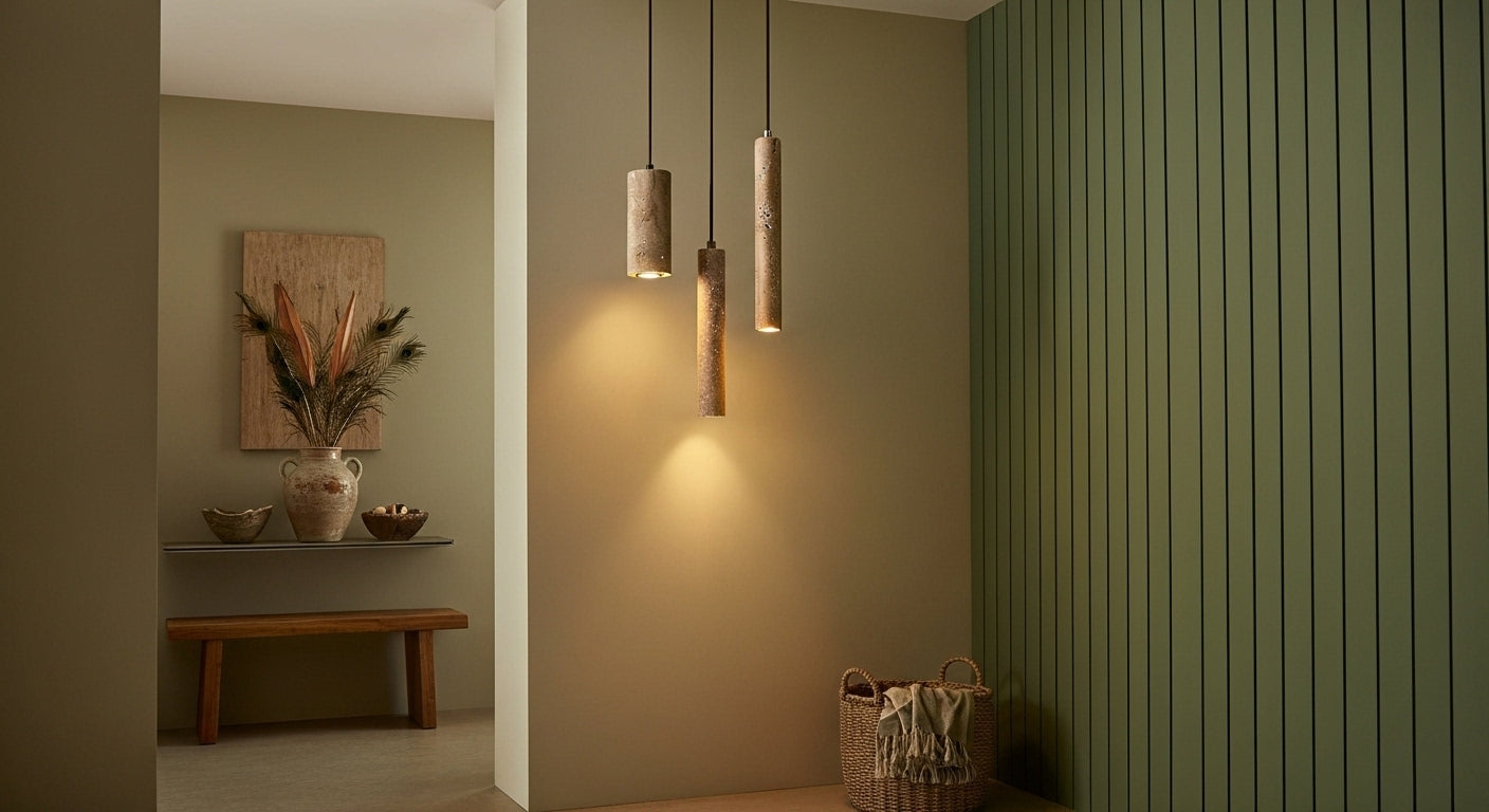 Cluster of TerraGlow Natural Stone Pendant Lights in a modern entryway, creating a warm, inviting welcome with textured light patterns from natural cave stone. VelunaLumin.