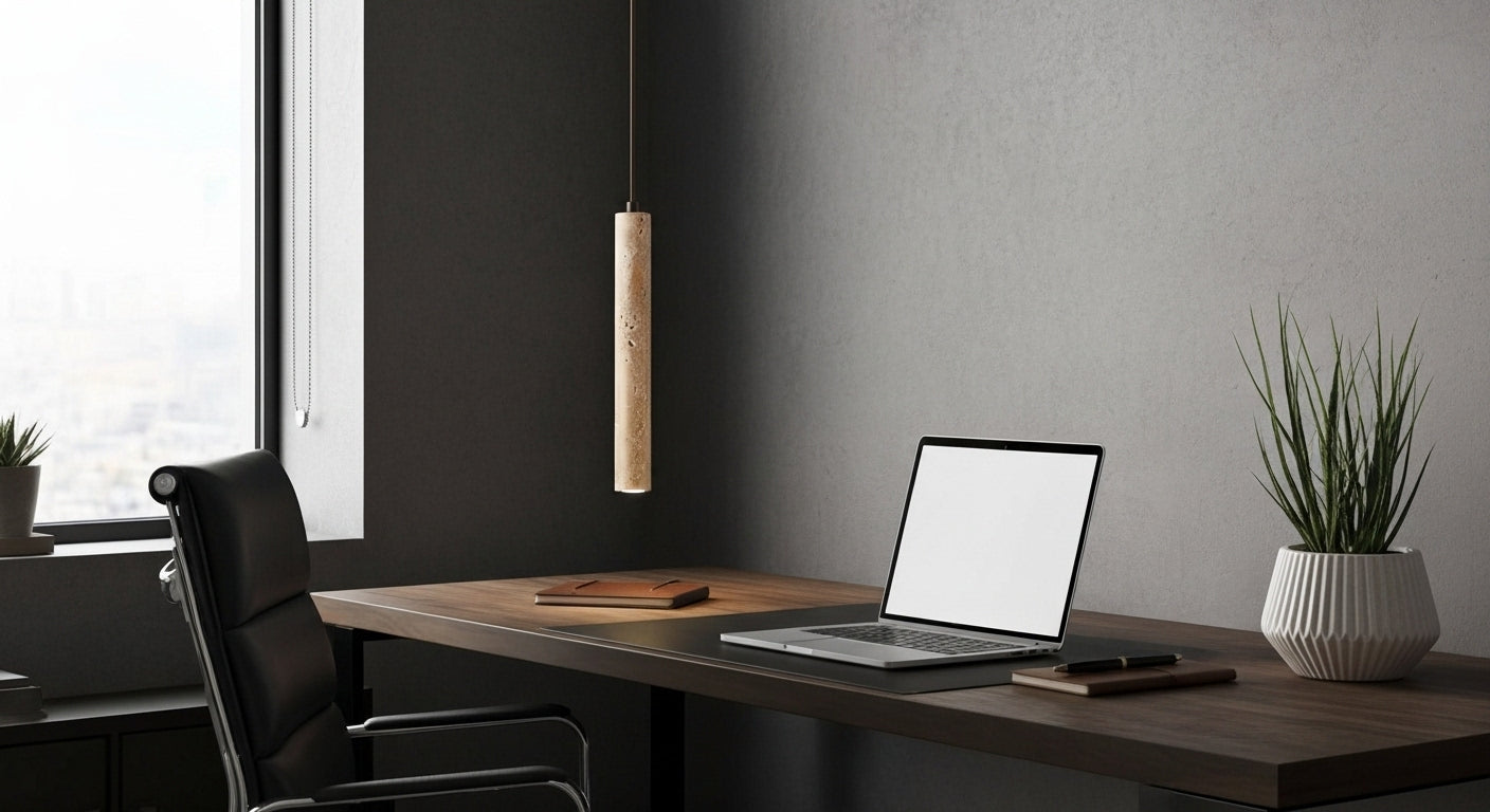TerraGlow Natural Stone Pendant Light providing focused 6000K white light over a minimalist desk in a home study, blending natural aesthetics with functional design. VelunaLumin.