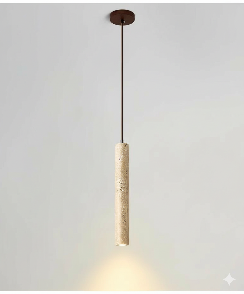 TerraGlow Natural Stone Pendant Lights (mixed heights) elegantly illuminating a modern dining table, casting a warm 3000K glow, creating an intimate and natural ambiance. VelunaLumin.