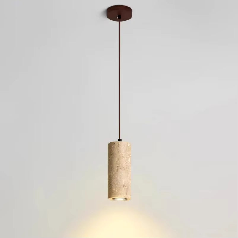 TerraGlow Natural Stone Pendant Lights (mixed heights) elegantly illuminating a modern dining table, casting a warm 3000K glow, creating an intimate and natural ambiance. VelunaLumin.
