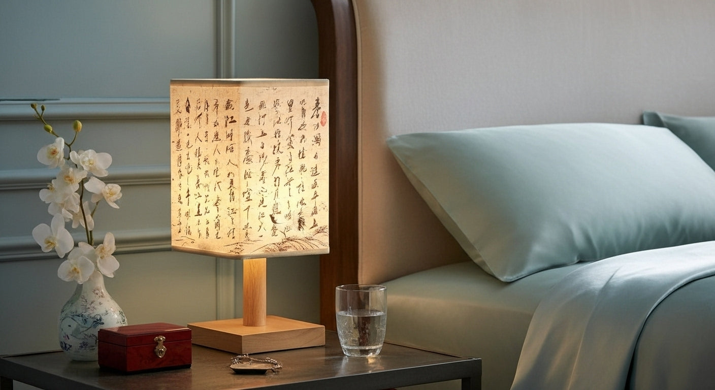 SereneScape 'Sakura Bloom' table lamp on a minimalist bedside table, casting a cozy, dimmable warm light in a modern bedroom. VelunaLumin.