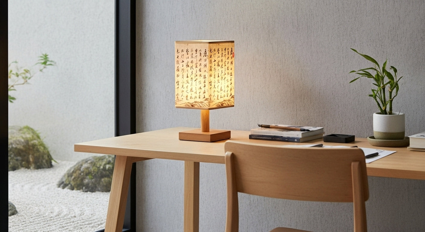SereneScape 'Sakura Bloom' table lamp on a minimalist bedside table, casting a cozy, dimmable warm light in a modern bedroom. VelunaLumin.