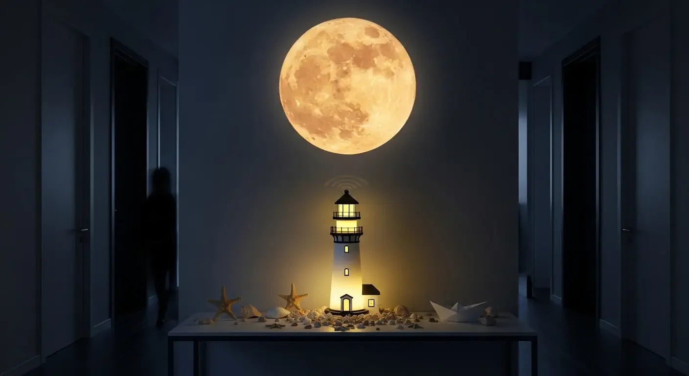 LunaBeacon lighthouse night light projecting a floating moon.