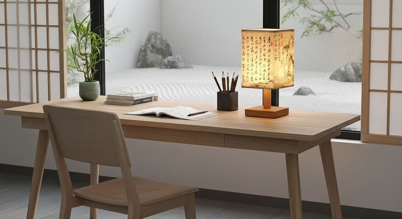 Close-up of the SereneScape Artisan Table Lamp's solid wood base and oriental art linen shade, showcasing its handcrafted quality. VelunaLumin.