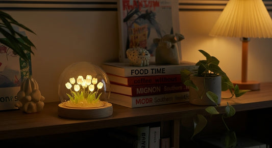 Bloom handmade DIY tulip night light in a glass dome.
