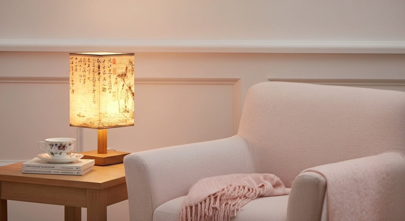 SereneScape 'Sakura Bloom' table lamp on a minimalist bedside table, casting a cozy, dimmable warm light in a modern bedroom. VelunaLumin.